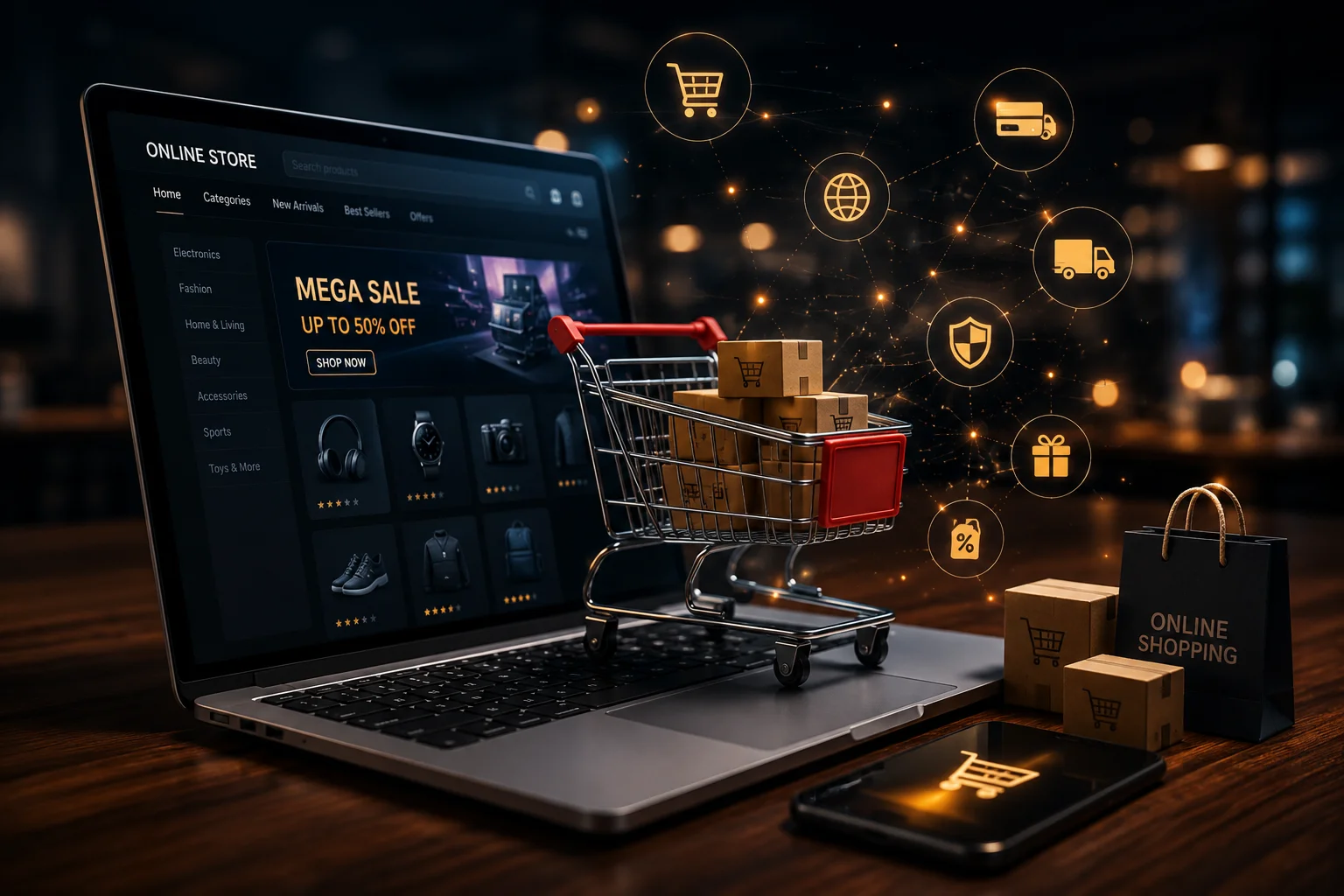 Ecommerce web and app software development - online store laptop, shopping cart, and mobile commerce by Vincora India