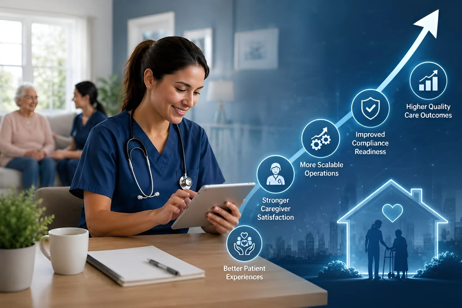 Healthcare caregiver with tablet and growth outcomes — about Vincora healthcare software development India