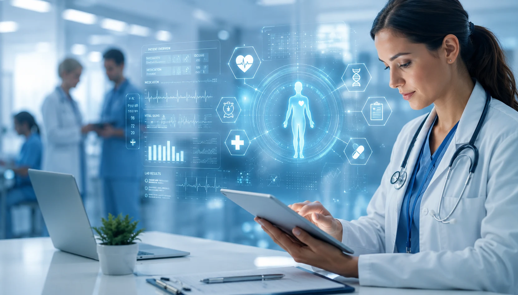 Healthcare development process — doctor reviewing patient data on tablet with holographic medical interface by Vincora India