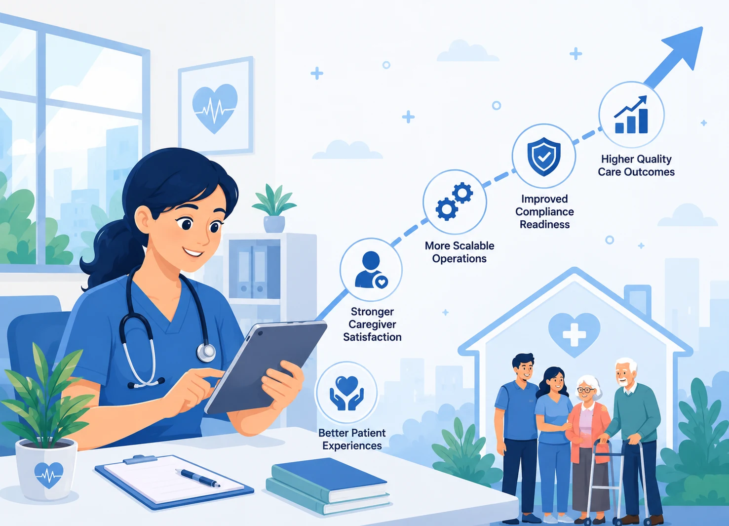 Healthcare FAQ illustration — patient experiences, caregiver satisfaction, and scalable care outcomes by Vincora India