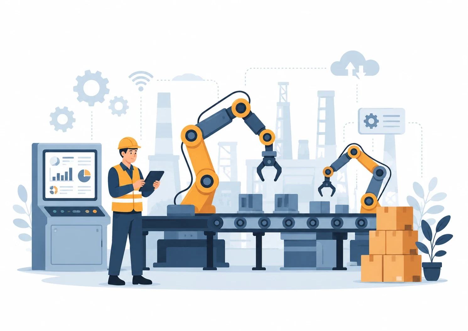 Manufacturing FAQ — automated production line and Industry 4.0 illustration by Vincora India