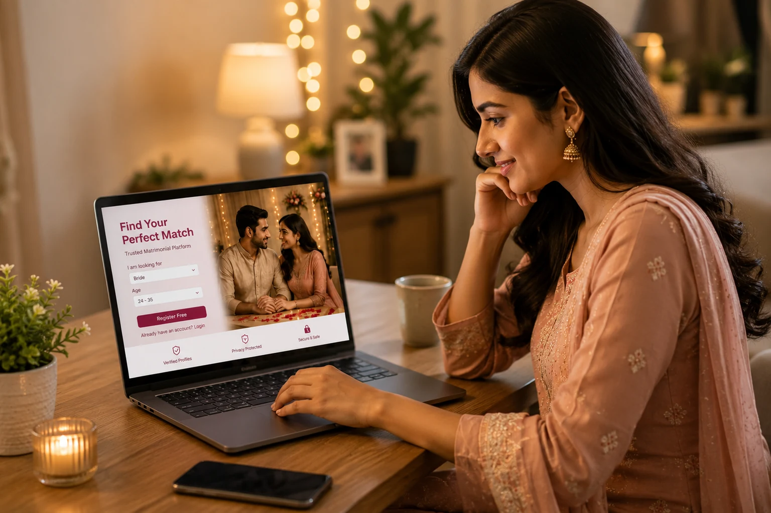 Matrimonial website development — woman using trusted matchmaking platform on laptop by Vincora India