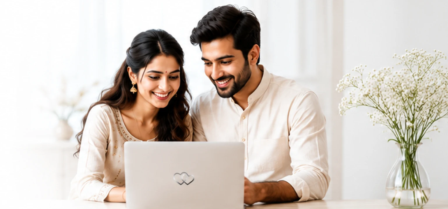 Couple using matrimonial platform on laptop — core features by Vincora India