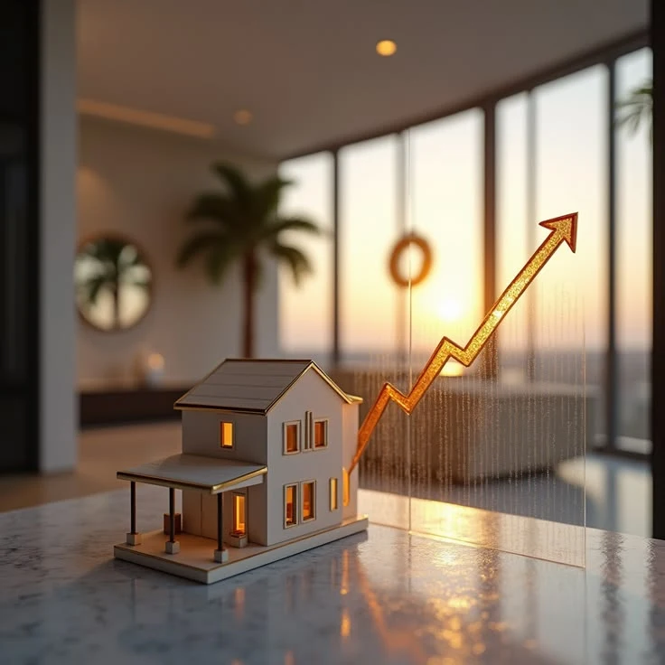 Real estate software development — miniature home model with growth arrow by Vincora India