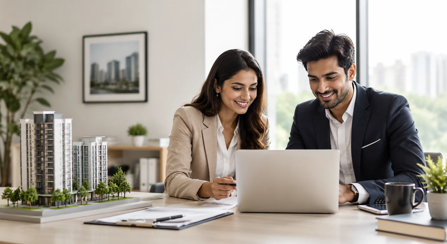 Real estate professionals reviewing property platform on laptop with architectural model — core features by Vincora India