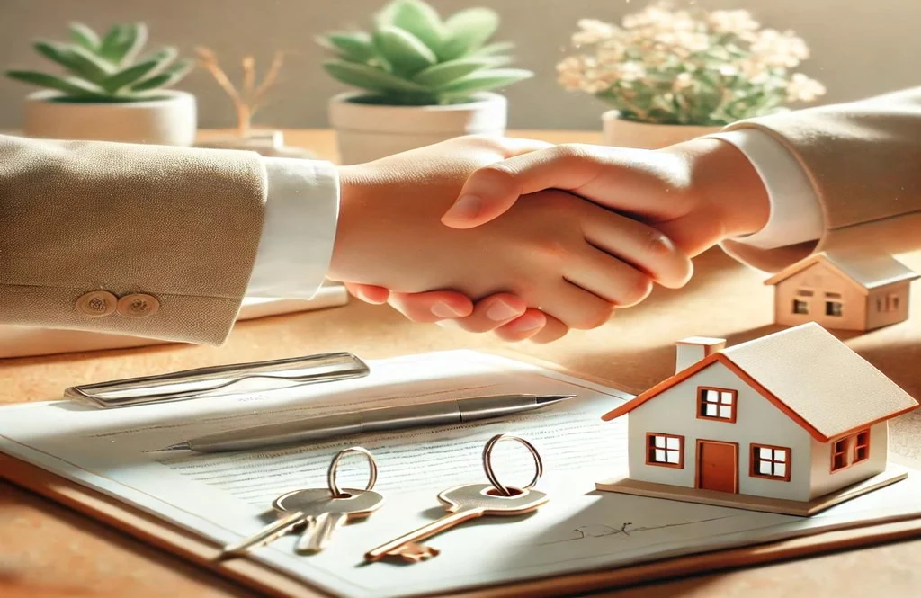 Real estate deal closing — handshake with house keys and property contract by Vincora India