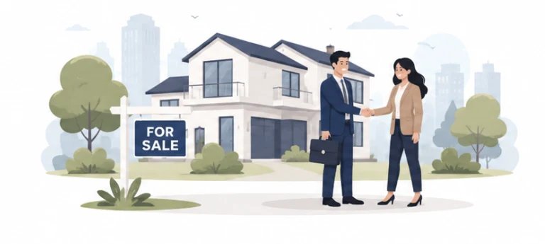 Real estate FAQ illustration — home sale handshake with For Sale sign by Vincora India