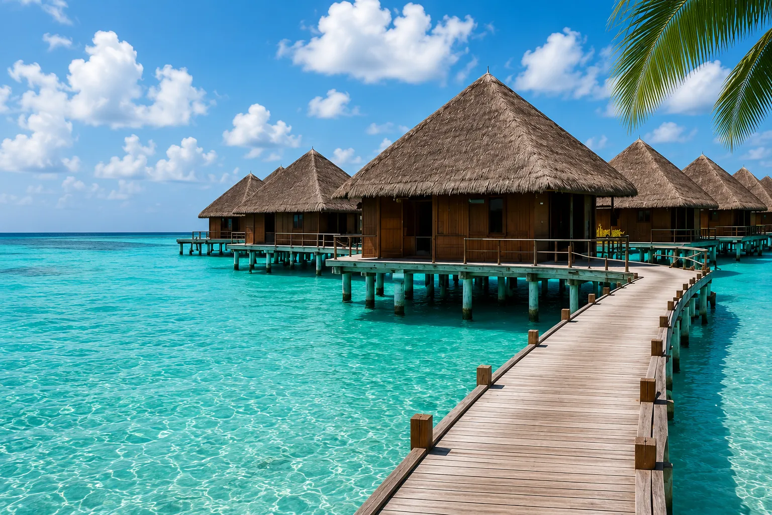 Luxury overwater bungalows with thatched roofs over clear turquoise ocean water at a tropical resort