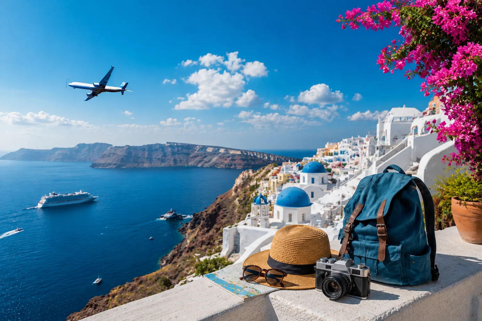 Travel essentials with Mediterranean coastal view — core travel and tourism platform features by Vincora India