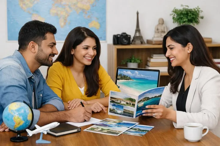Travel consultation — couple planning a trip with a travel advisor and destination brochures