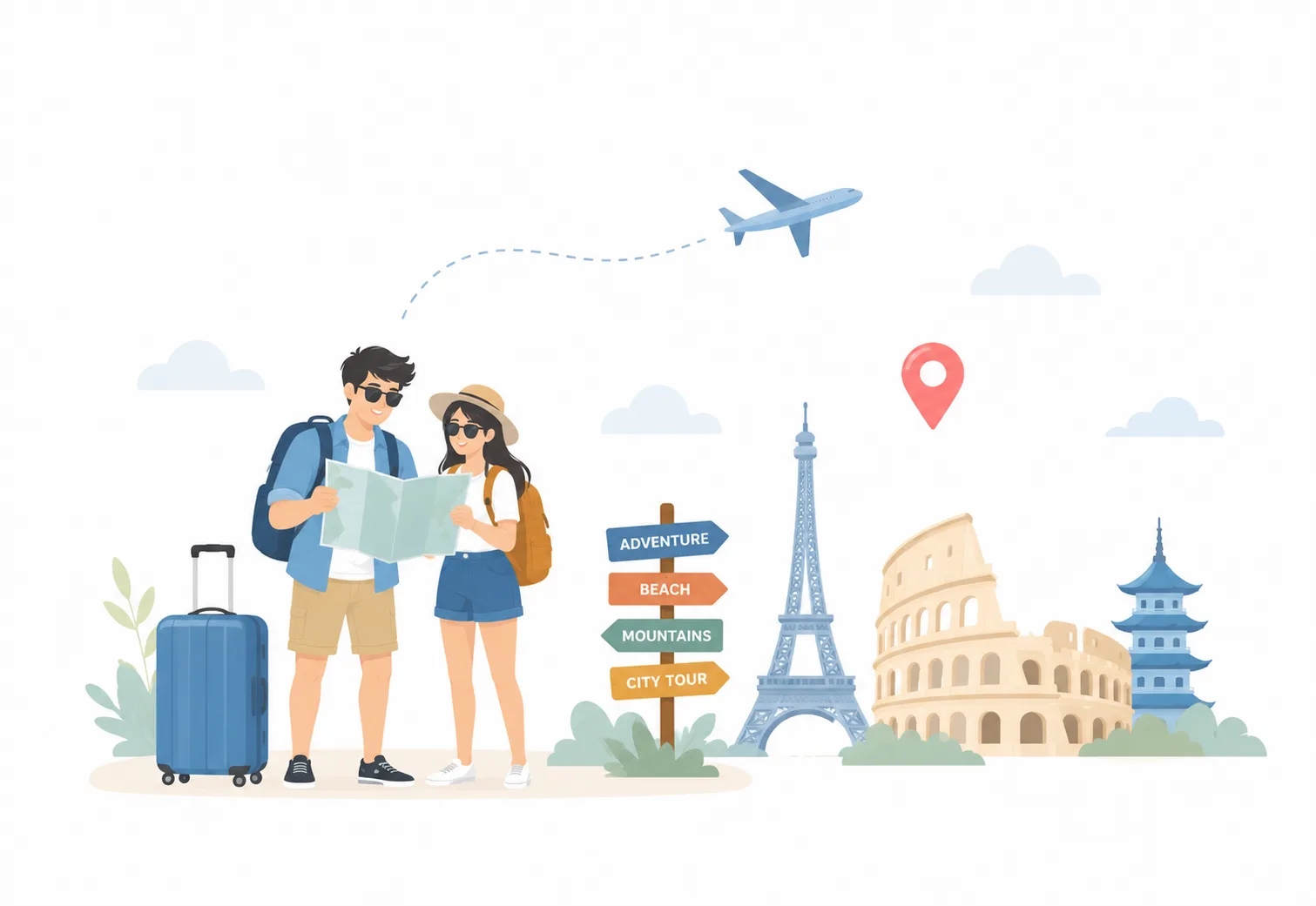 Travel FAQ illustration — couple planning a trip with landmarks and destination signpost