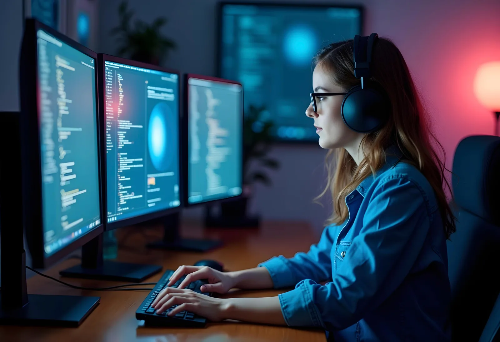 Female programmer coding at night